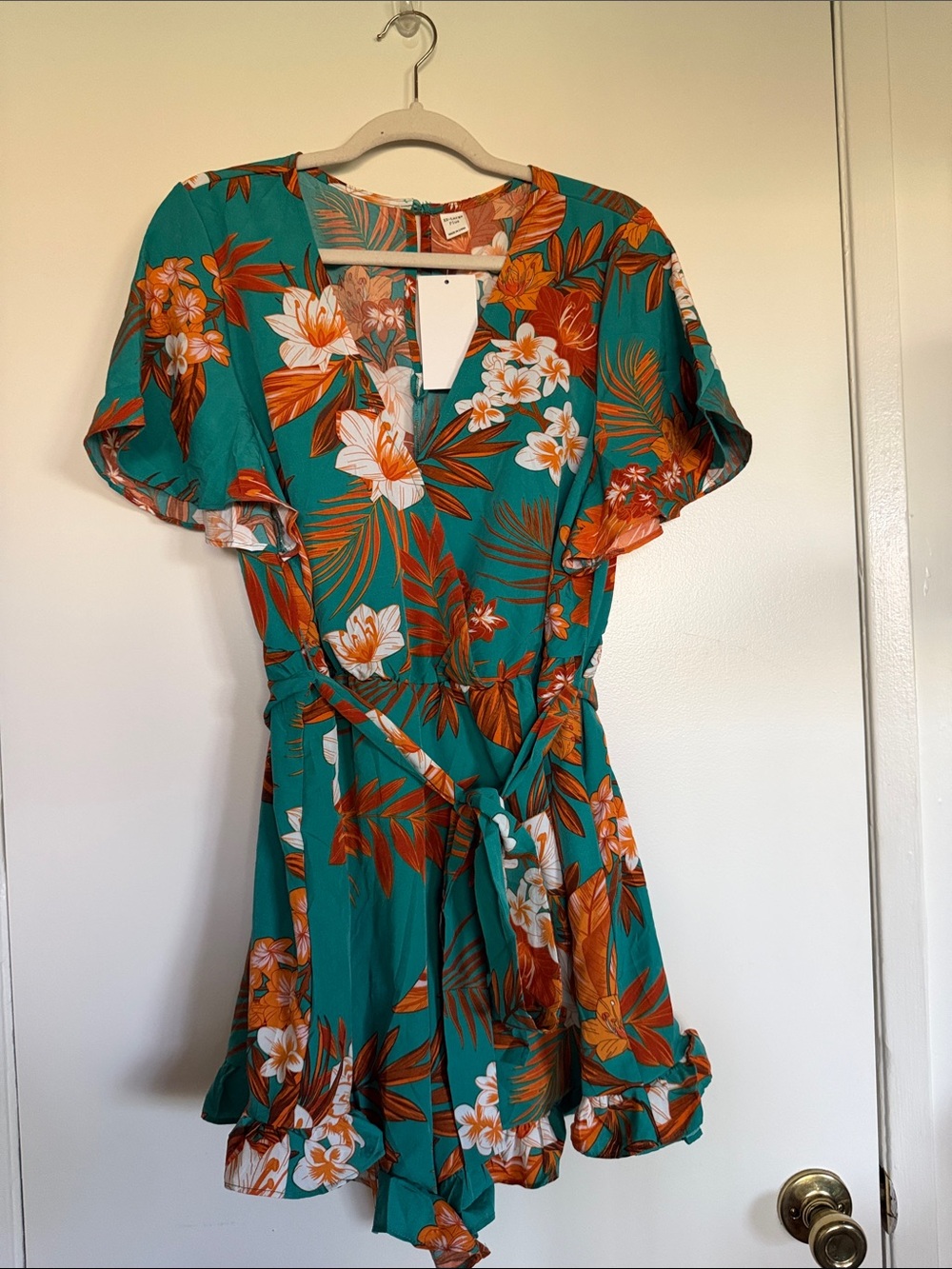 Teal Floral Tie-Waist Short Romper